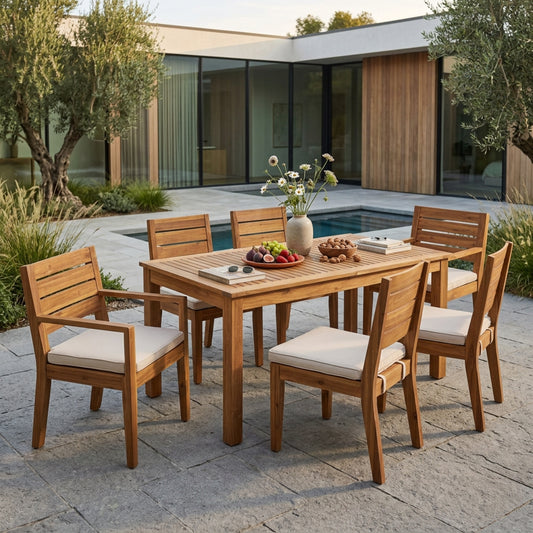 6-Seater Acacia Wood Expandable Outdoor Dining Set with Beige Cushions – Sandblasted Patio Garden Furniture Table & Chairs