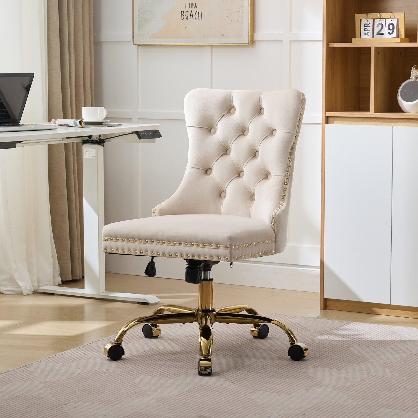 Modern Velvet Upholstered Tufted Button Home Office Chair with Golden Metal Base, Adjustable Sw