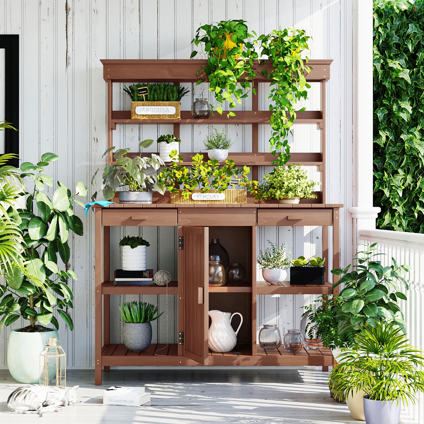 66' Large Outdoor Farmhouse Wooden Potting Bench Table, Garden Workstation with 2 Drawers, Cabinet and Open Shelves for Backyard, Mudroom