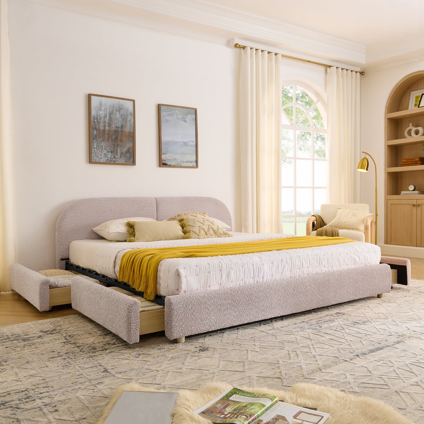 Upholstered Bed Frame Modern Minimalist Style - Circle Yarn Fabric, Tall Curved Headboard, Sturdy Leg Support & Wheeled Drawer Storage, Mattress Not Included