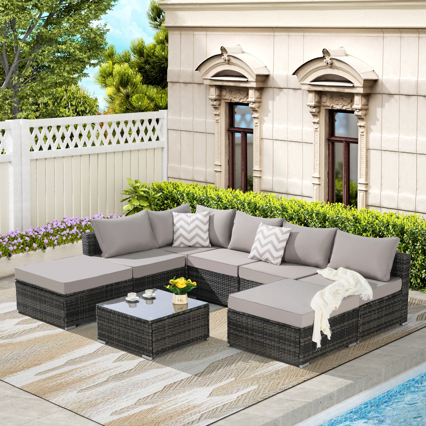 8 Piece Outdoor Patio Sectional Sofa Set – Wicker Conversation Set with Washable Cushions, Modular Rattan Furniture
