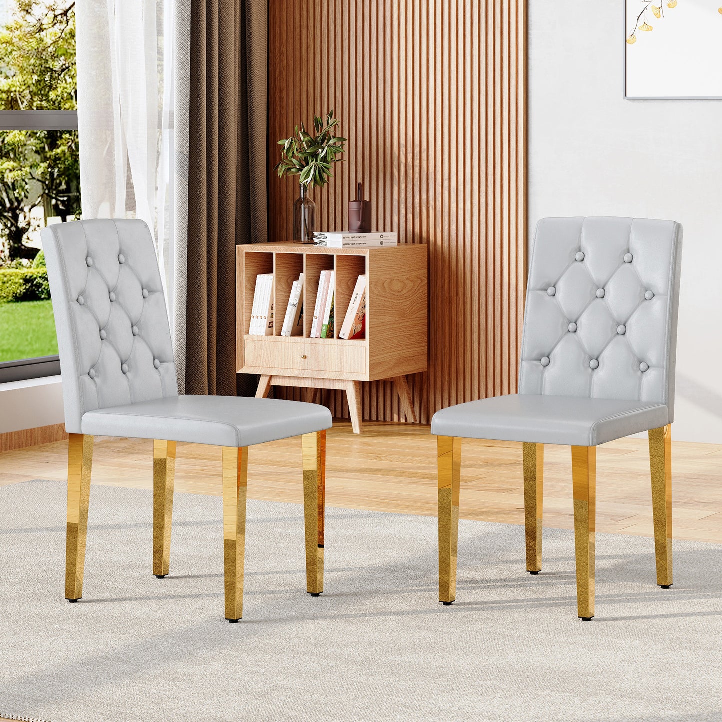 PU Leather Dining Chair – Ergonomic Buckle Backrest Chair with Metal Legs, 35" Upholstered Dining Seating