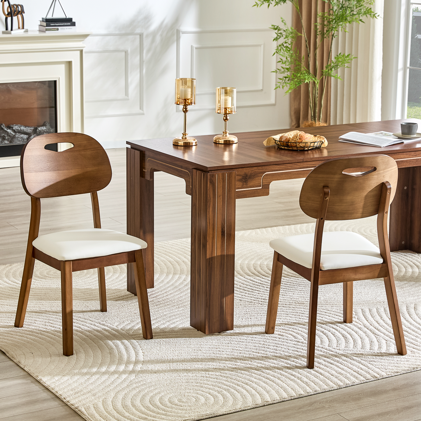 2 Walnut Colored Solid Wood Dining Chairs with Hollowed Out Backrests for Home Dining