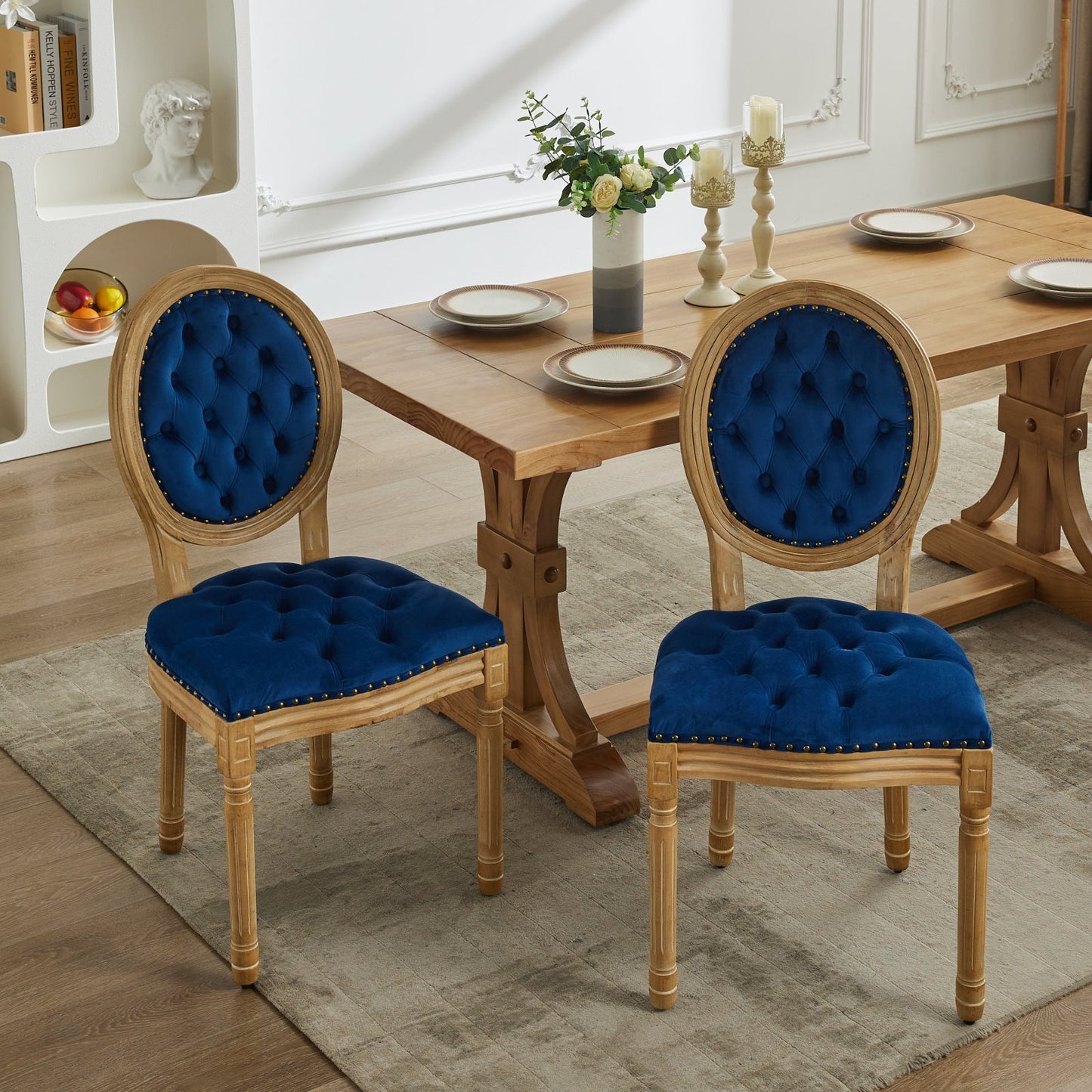 French Style Solid Wood Frame Antique Painting Dining Chair with Nailhead Trim, Hand-pulled Buckle
