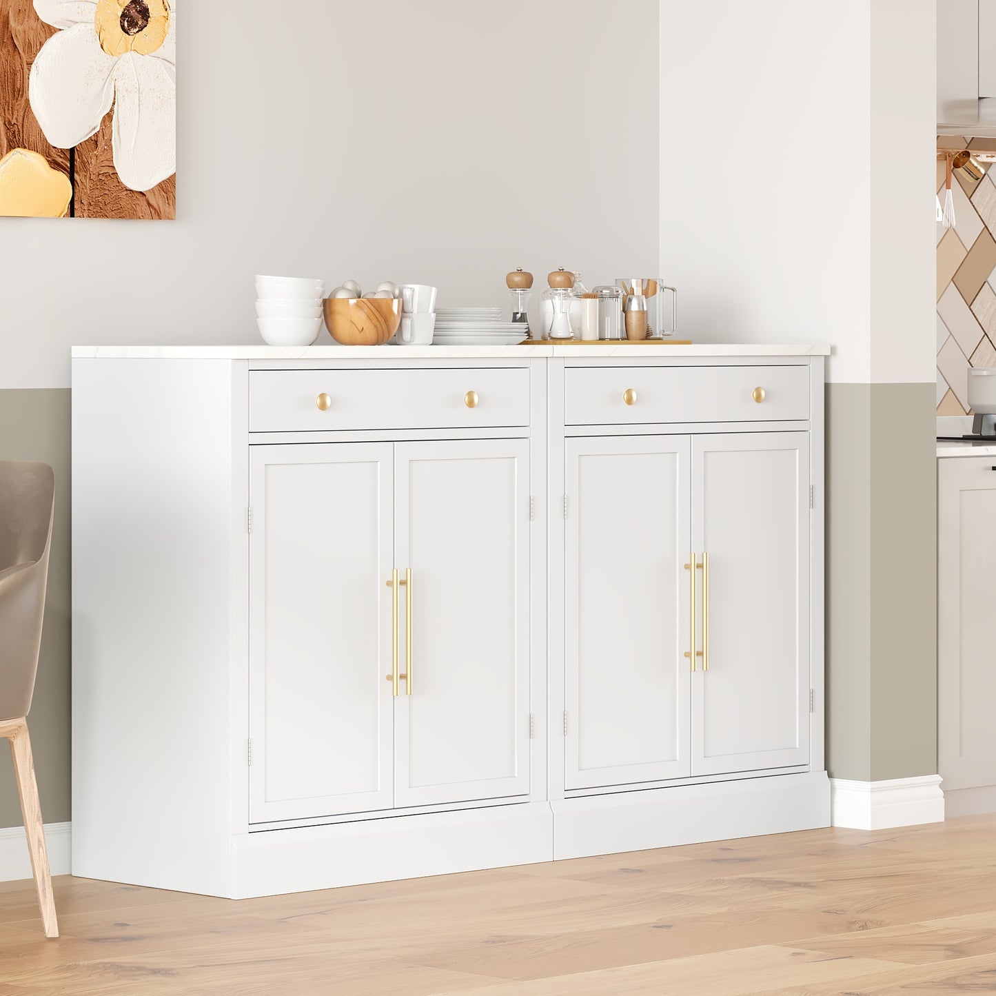 Modern Freestanding Kitchen Pantry, Buffet Food Storage, Coffee Bar Cabinet with Drawer,set of 2