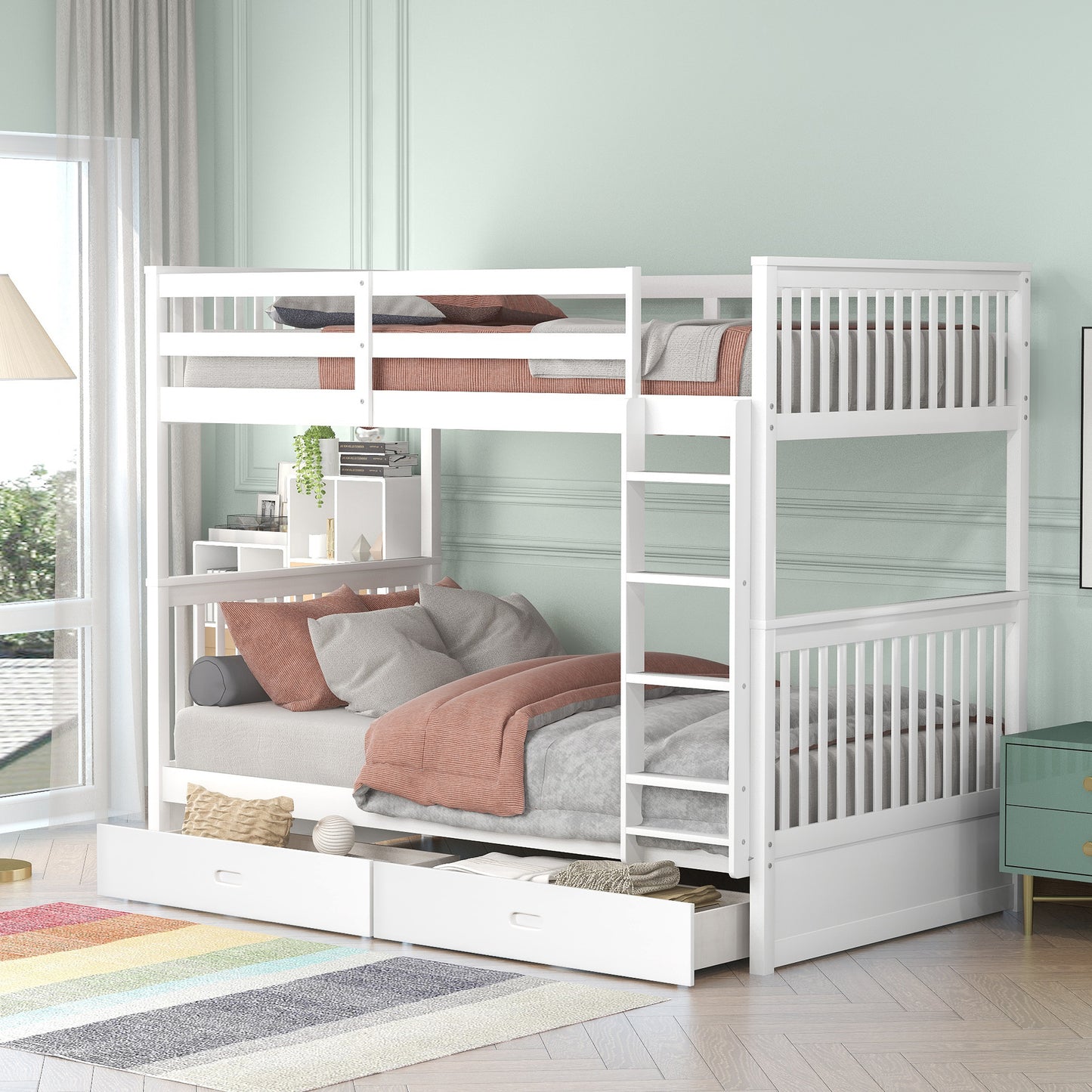 Twin-Over-Twin Bunk Bed with Ladders and Two Storage Drawers