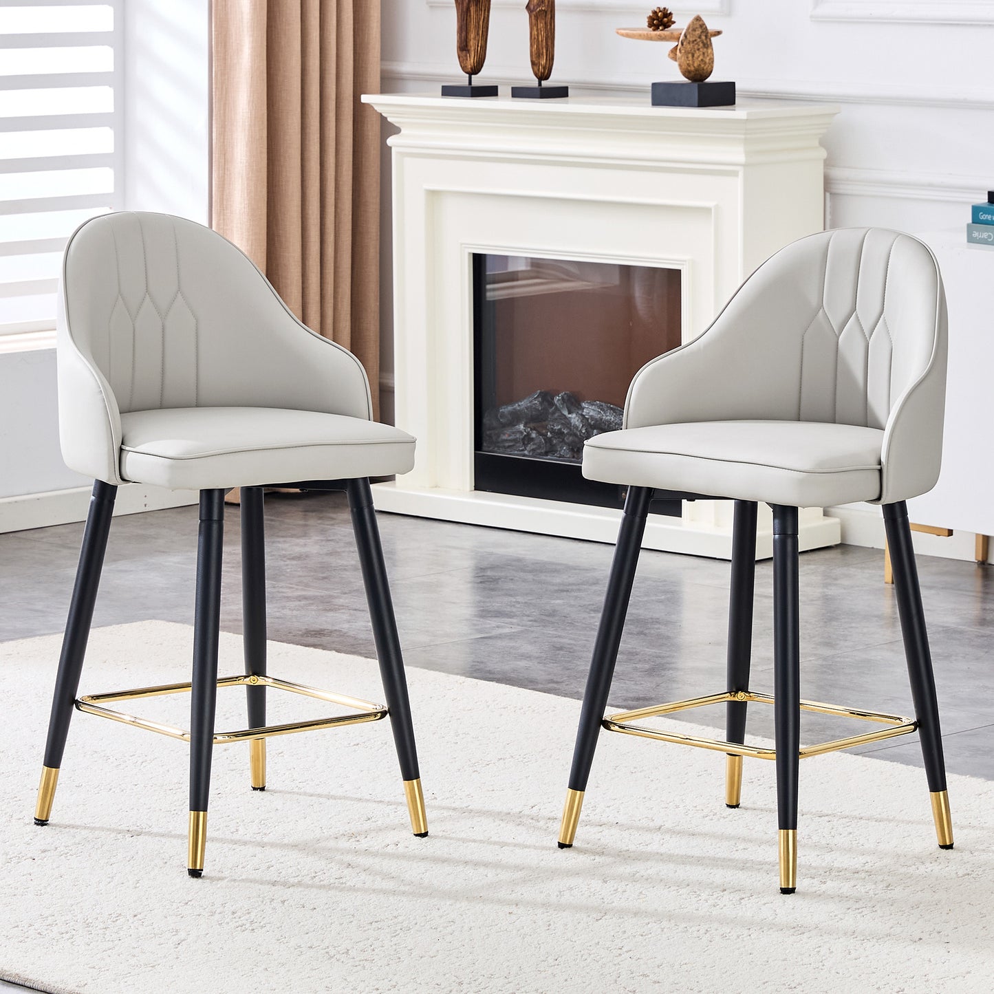 PU Leather Bar Stools Set of 2 – 37.7" Counter Chairs with Gold Footrest & Metal Legs, Kitchen Island Seating