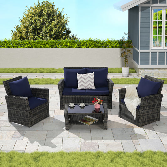 Planter 16.88-Inch Rattan and Metal Dark Blue 4-piece set for Indoor, Outdoor or Decorative Plant Display