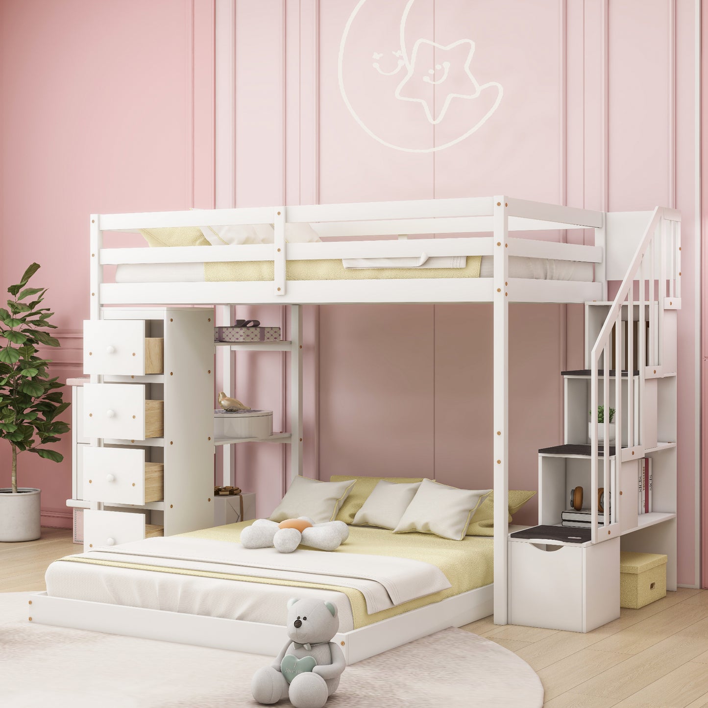 Twin Over Full Bunk Bed with 3-layer Shelves, Drawers and Storage Stairs