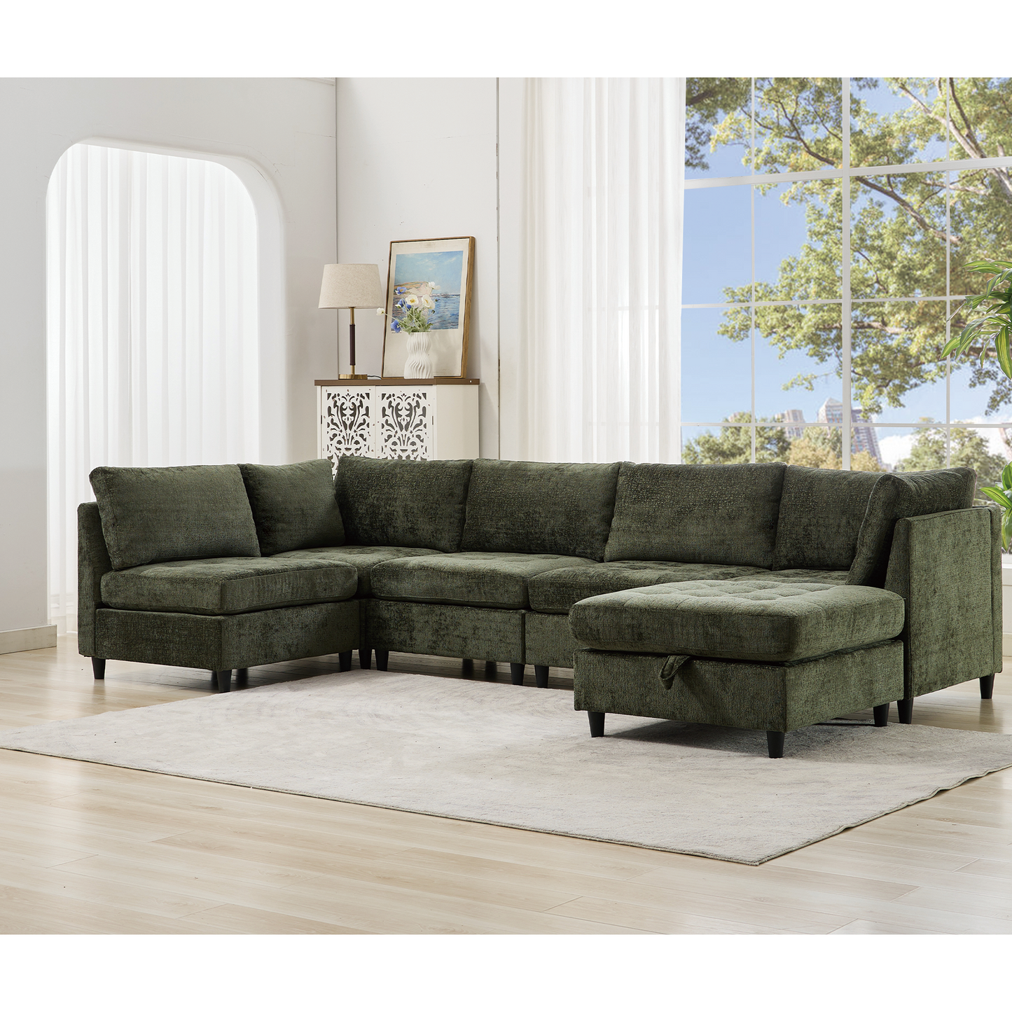 Modular Sectional Couch with Storage Ottoman, U Shaped Sofa, Storage Ottoman,Minimalist ,Convertible Modular Sofa,Chenille ,Upholstered,6 Seat,Living Room,   Green