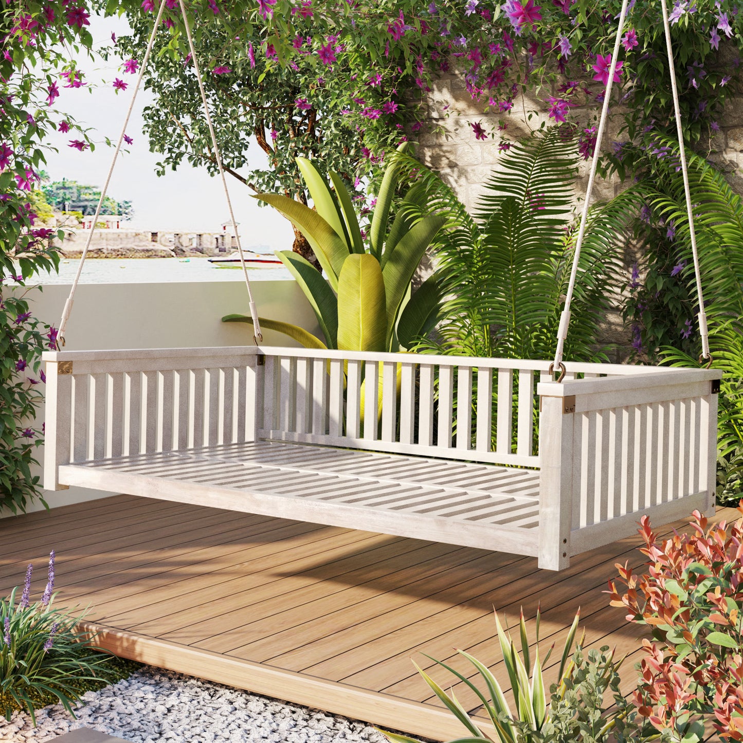 Patio Minimalist Twin Size Garden Swing Bed Wood Porch Swing with Ropes for Backyard, Safe Sloped Design