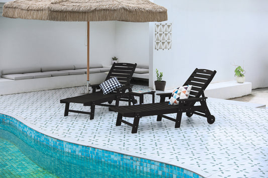 3-Piece Oversized Chaise Lounge Chair Set with Wood Texture, All Weather Patio Lounge Chair