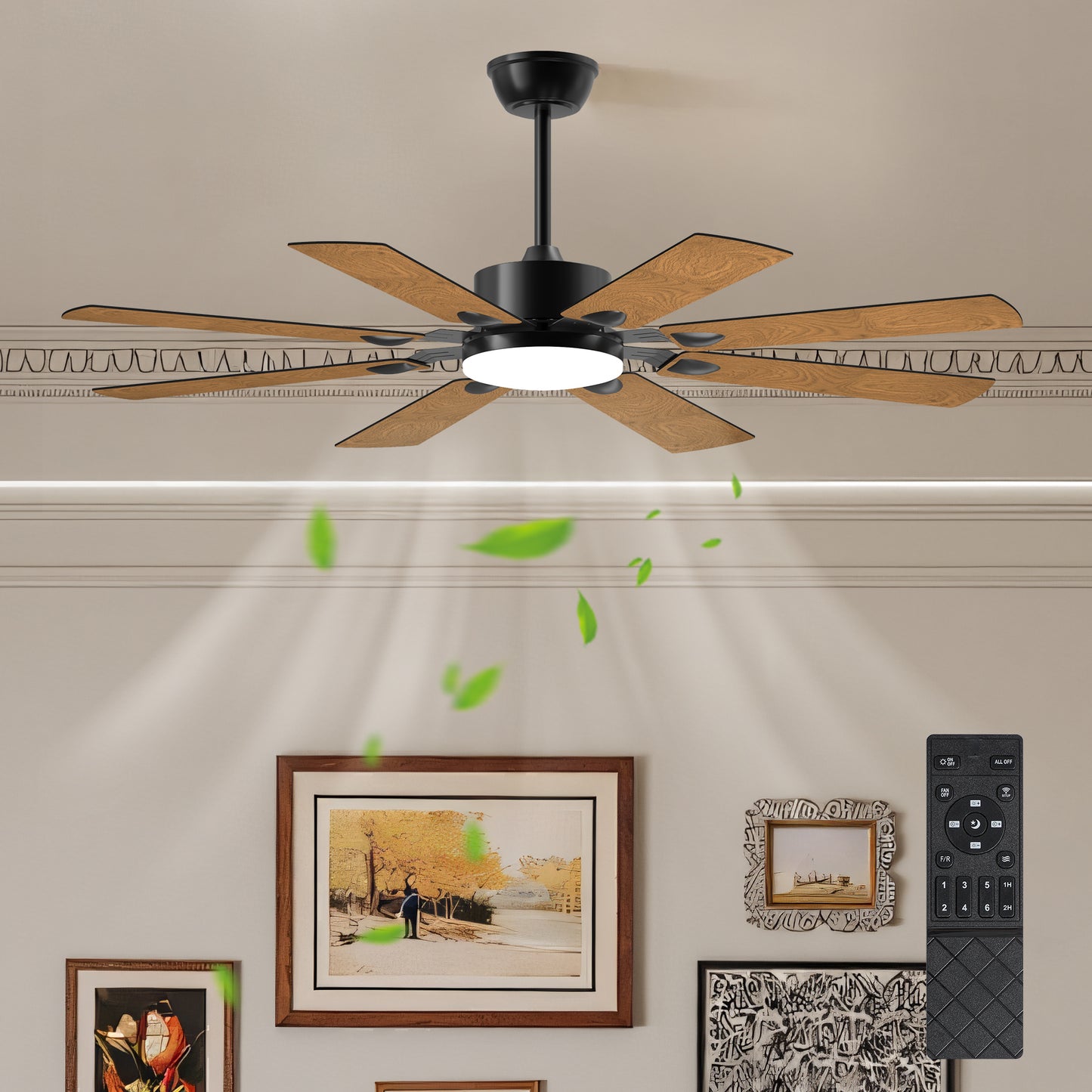 Ceiling Fan with Lights and Remote Control, 8 Plywood Blades, 6-Speed Noiseless Reversible DC Motor, 3CCT, Windmill Ceil