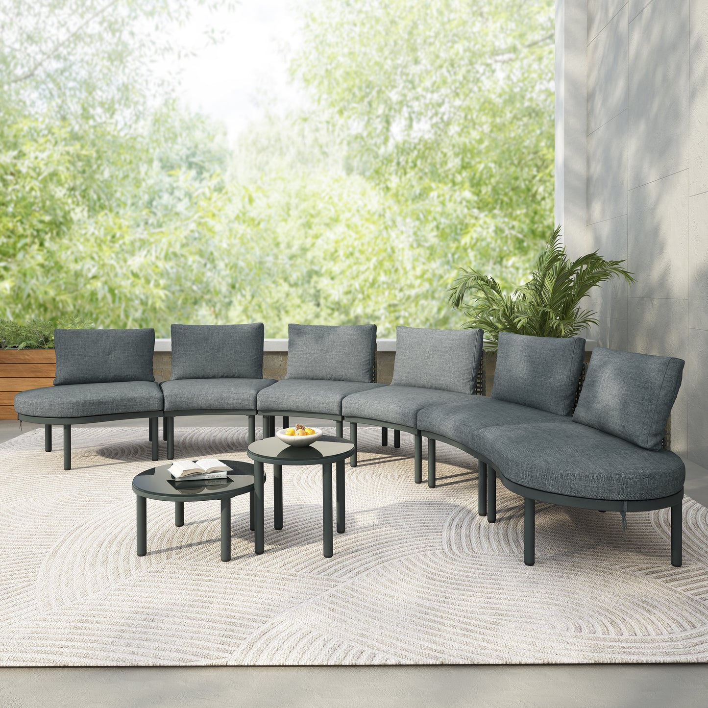 8-Piece Patio Sofa Furniture Set, Half Moon Outdoor Sectional Sofa with 2 High-Low Coffee Tables, PE Wicker Rattan, Temp