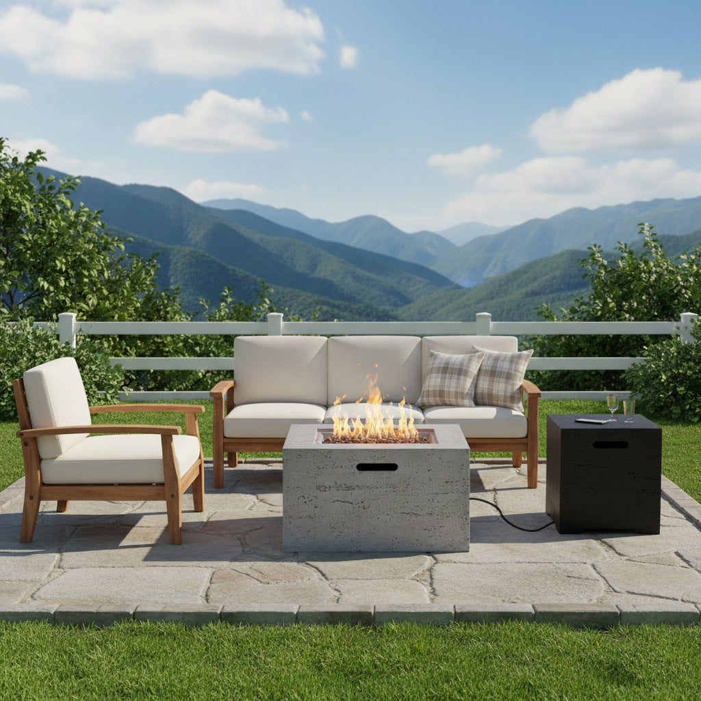 24.02'' Square MGO Propane Fire Pit Set, 40,000 BTU Outdoor Fire Pit Table with Steel Burner, Adjustable Flame, Lava Roc