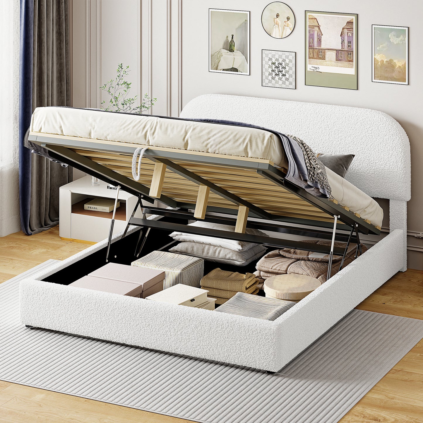 Teddy Fleece Upholstered Platform Bed with Hydraulic Storage System
