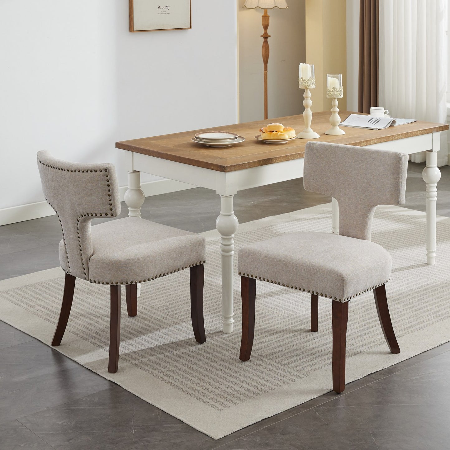 Mid Century Modern Dining Chairs Set of 2, Farmhouse Linen Fabric Upholstered Accent Chair