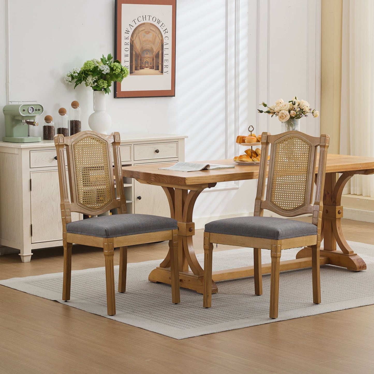 Solid Wood Rattan-Back Dining Chair with Matte Linen Cushion, Set of 2