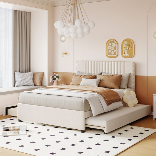 Trundle Bed Twin Beige and Gray Linen Upholstered with Trundle and Drawers for Bedroom and Guest Room