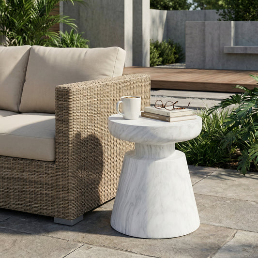 Outdoor Travertine Pedestal Side Table Lightweight Concrete MGO End Table for Indoor Outdoor Use White