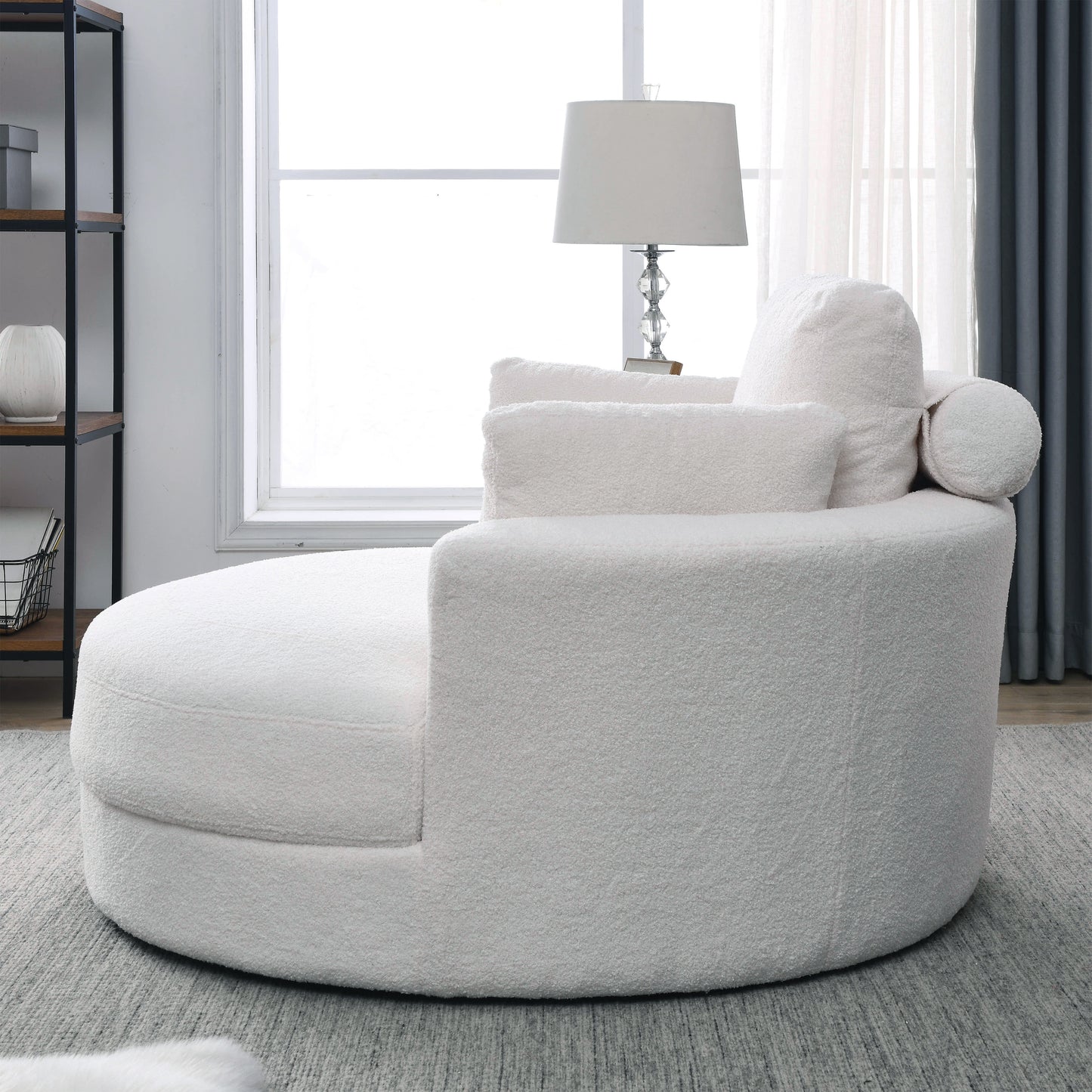 Swivel Accent Barrel Modern Sofa Lounge Club Big Round Chair with Storage Ottoman Linen Fabric for Living Room Hotel with Pillows,Teddy White (Ivory)