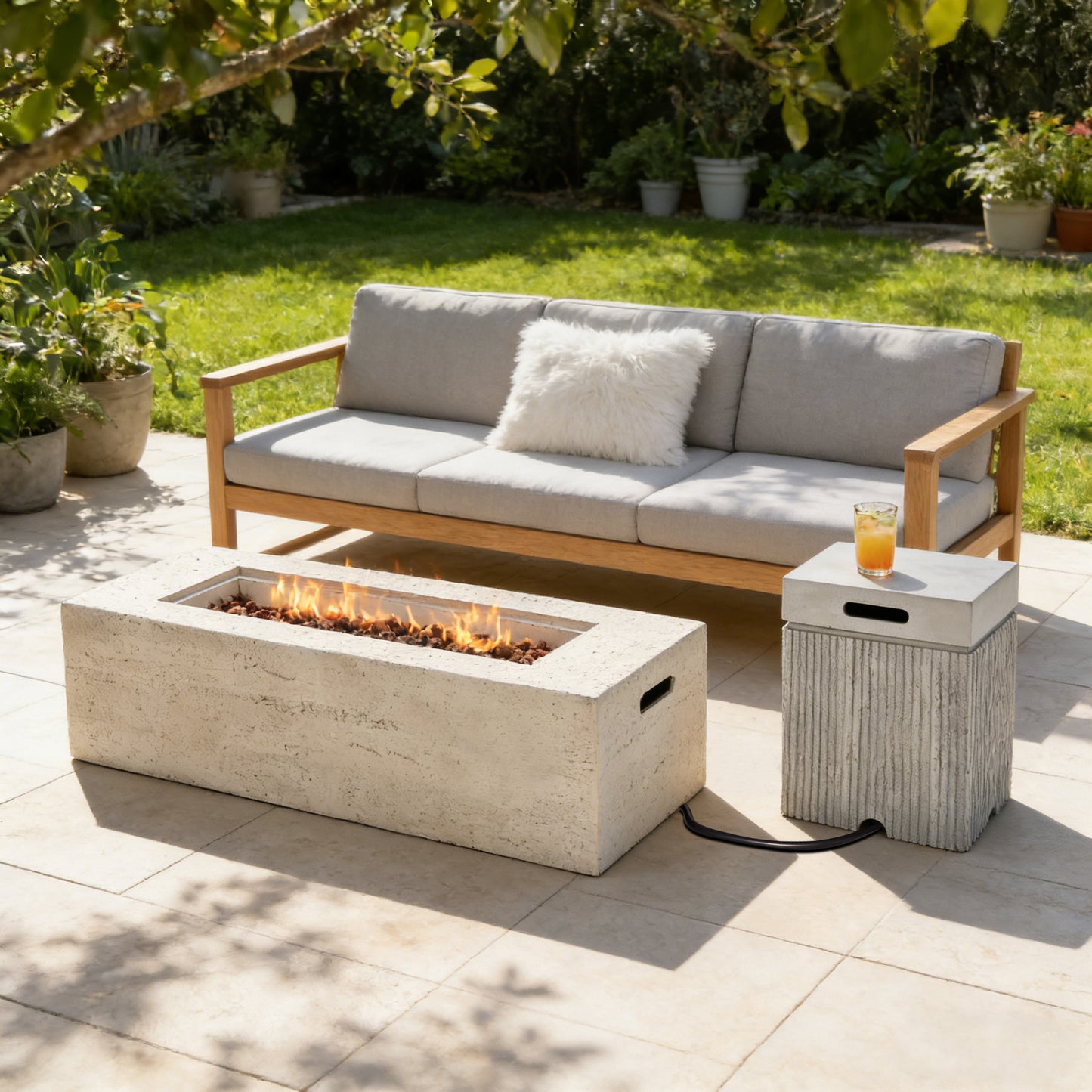 2-Piece Fire Pit Set: 41.9' Propane Fire Pit (40,000 BTU) with Burner & Lava Rocks and 15.75' MGO Tank Cover Table for 2