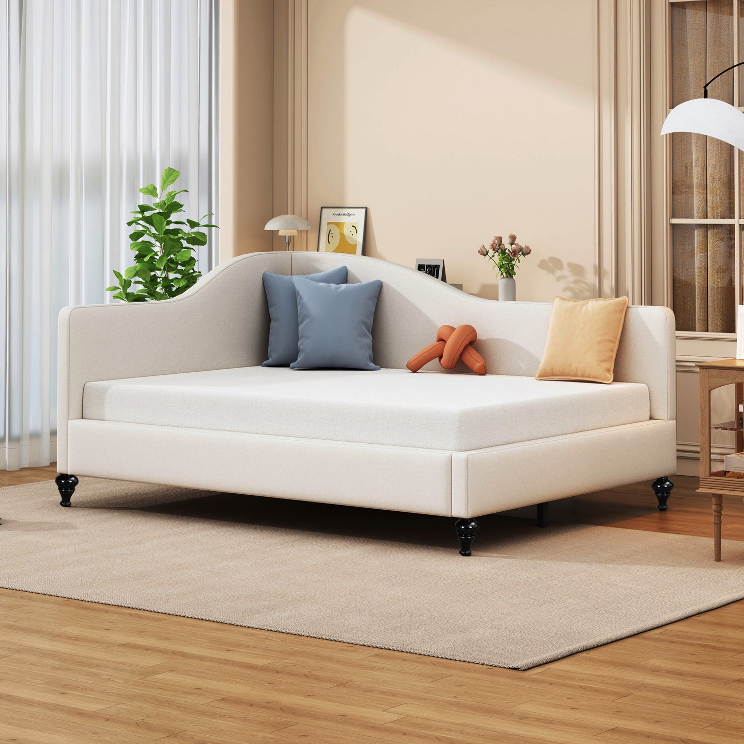 Modern L-Shaped Linen Daybed with Solid Wood Legs and MDF Construction
