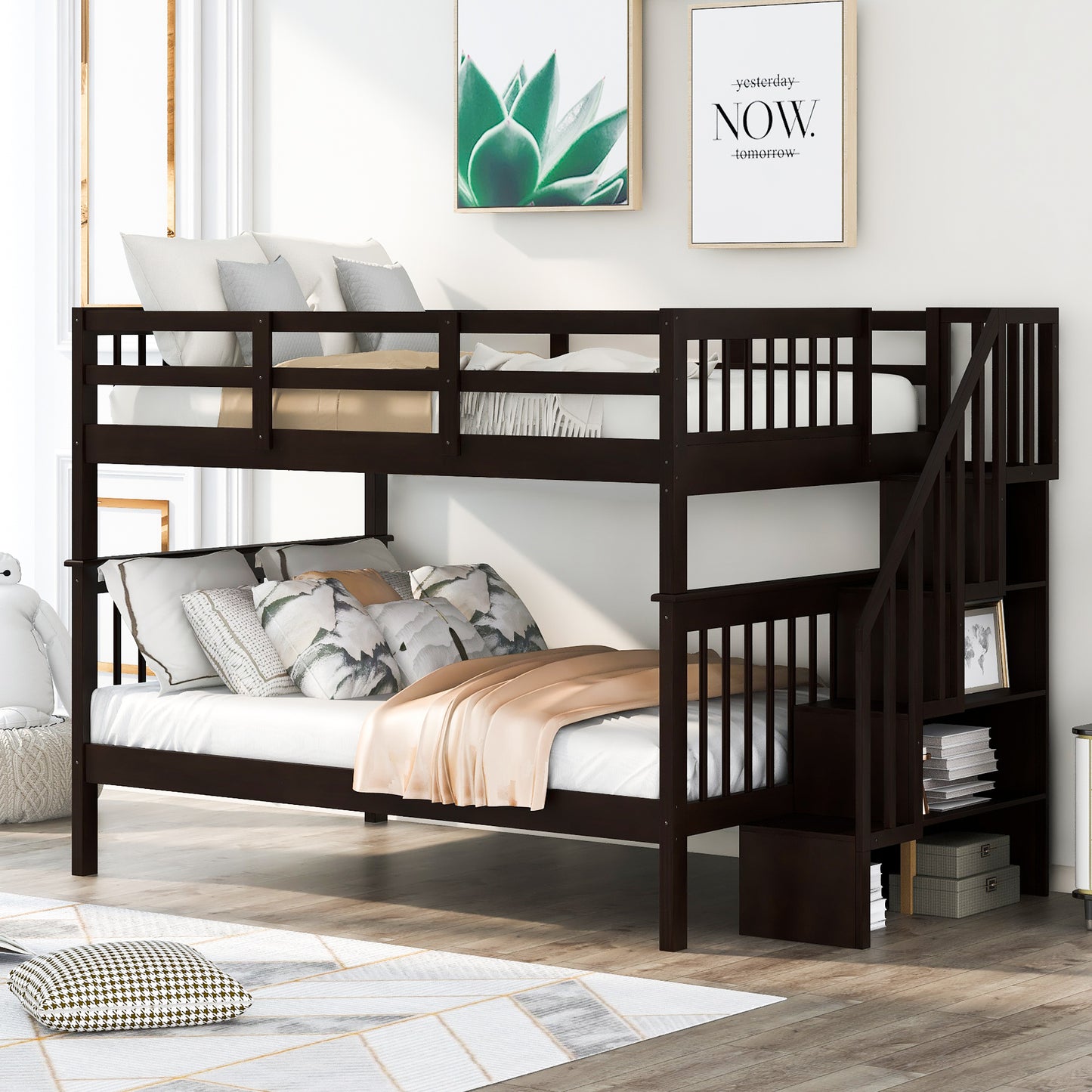 Stairway Full-Over-Full Bunk Bed with Storage and Guard Rail for Bedroom,Dorm