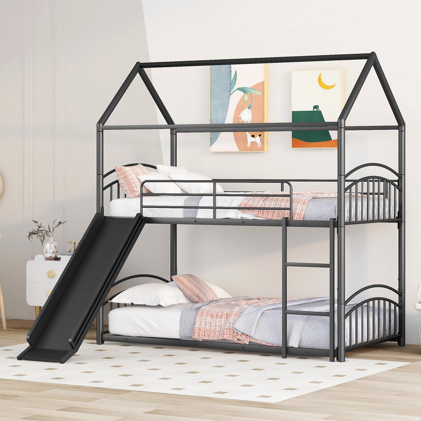 Twin Over Twin Metal Bunk Bed With Slide, Kids House Bed