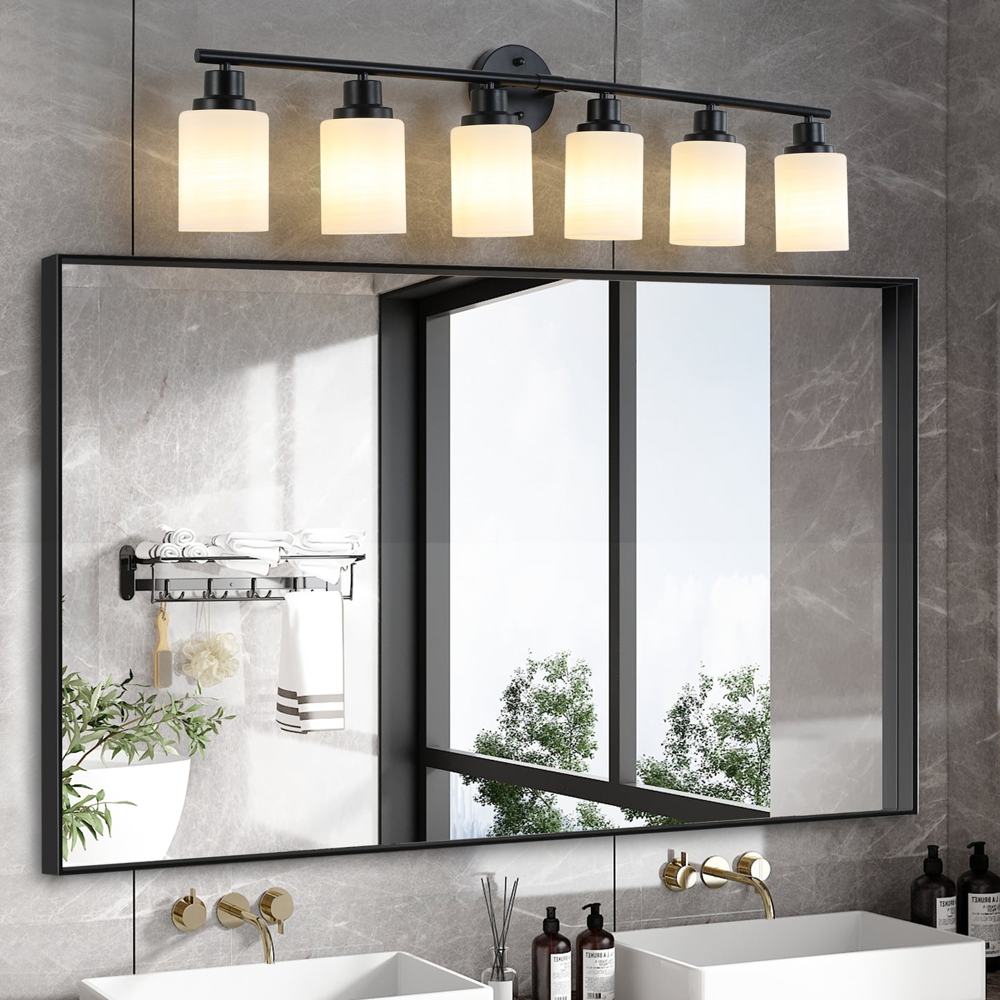 Modern 6-Light Vanity Bathroom Mirror Light, Frosted White Glass with Black Iron Frame, Contemporary Wall Sconce for Bedroom, Bathroom, And Dressing Room (No Bulbs)