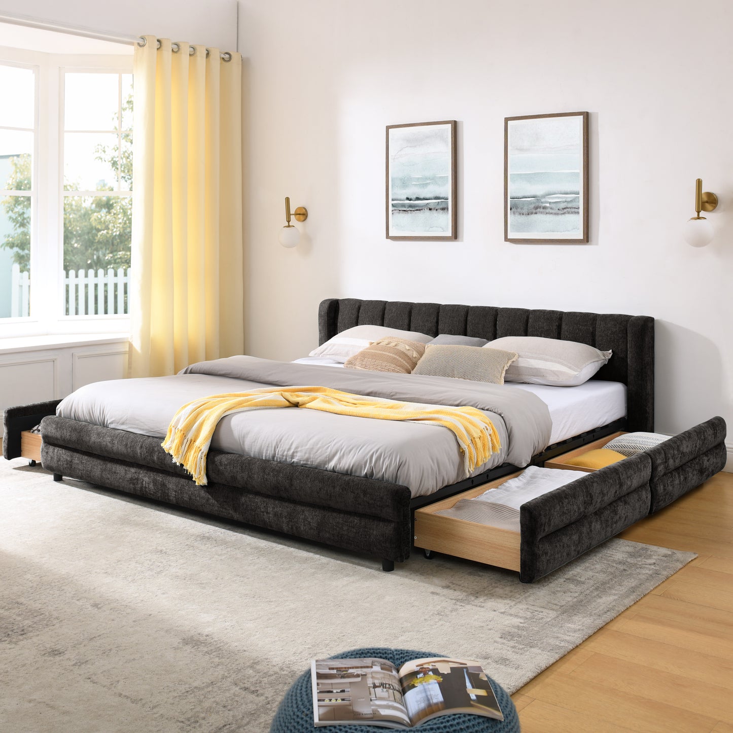 King Size Upholstered Bed Frame with Thick Chenille Fabric, Headboard and Storage Drawer