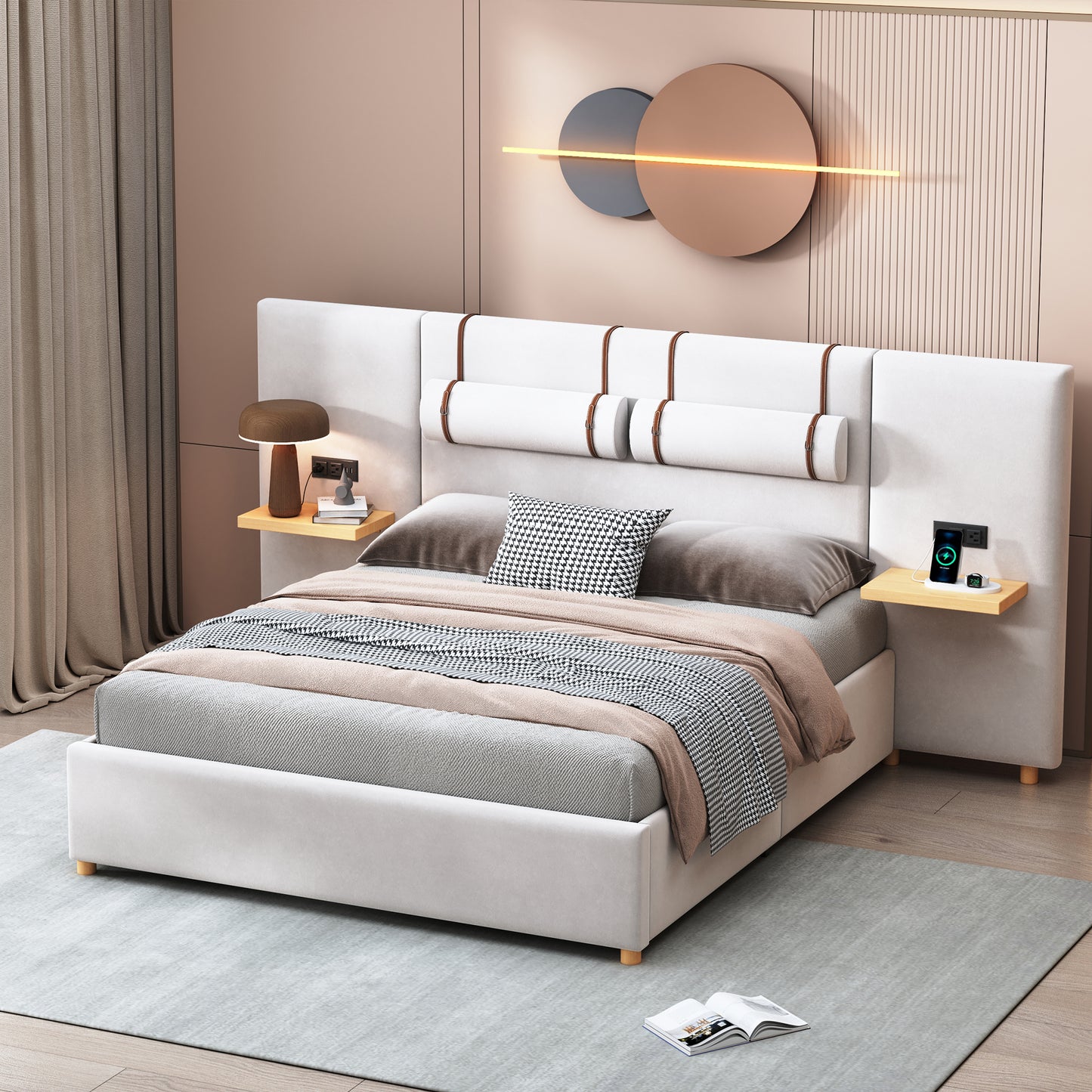 Upholstered Platform Bed with Outlets, USB Ports, Pillows and Storage Shelves