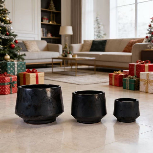 Handmade Black Matte Ceramic Planter Set of 3 with Textured Finish, Breathable Flower Pots for Orchids, Begonias & Indoor Outdoor Decor