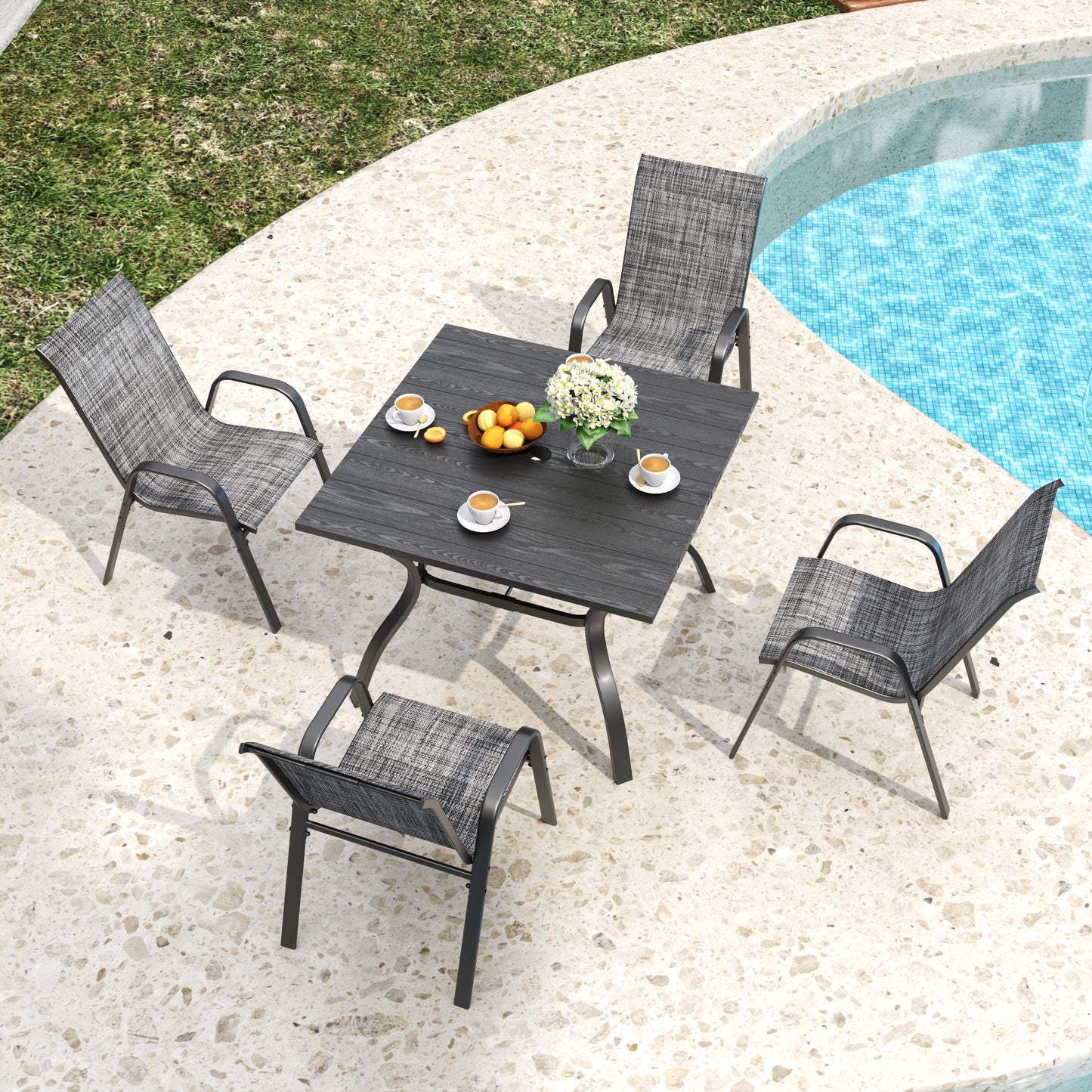 5-Piece Outdoor Patio Dining Set, Vintage Wood Grain Table with Umbrella Hole + 4 Ergonomic
