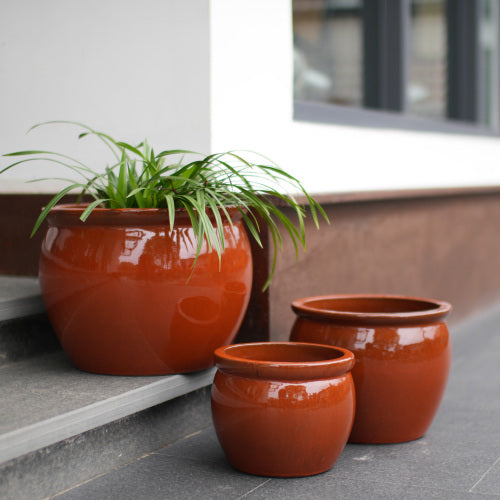 Handmade Ceramic Planter Set of 3 with Drainage Holes, Rust Red