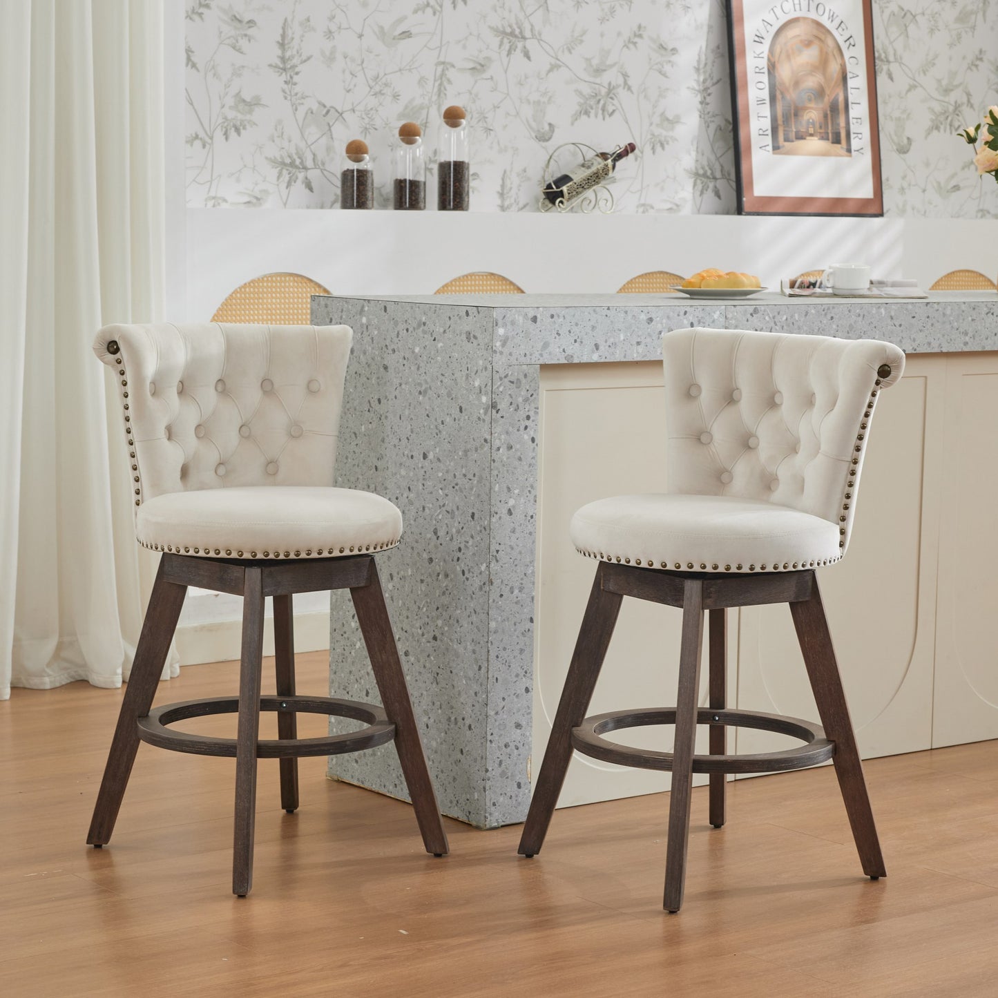 26' Counter Height Bar Stools Set of 2, 360° Swivel Stools with Back & Hand - Tufted Button - Trimmed Edges, Upholstered