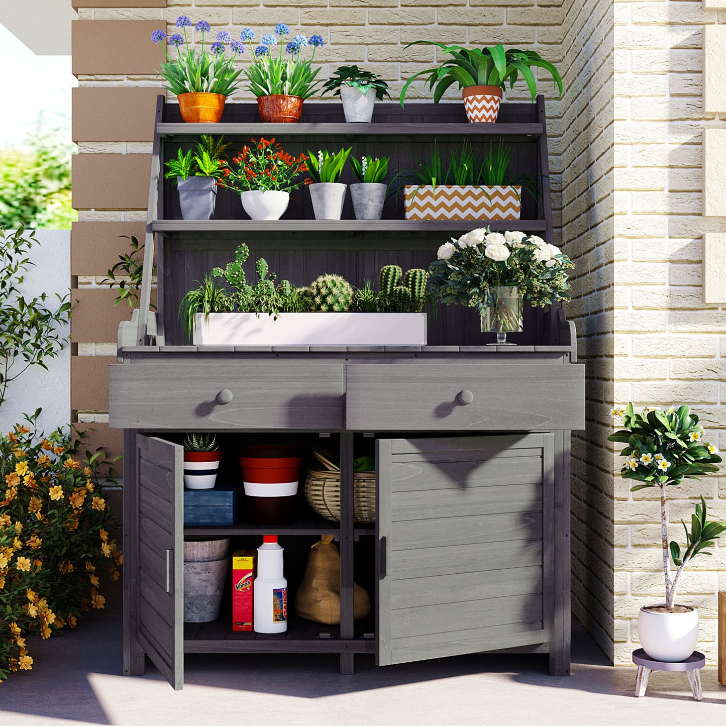 65inch Garden Potting Bench Table, Fir Wood Workstation with Storage Shelf, Drawer and Cabinet