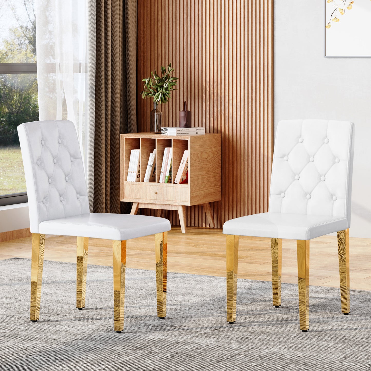 PU Leather Dining Chair – Ergonomic Buckle Backrest Chair with Metal Legs, 35" Upholstered Dining Seating