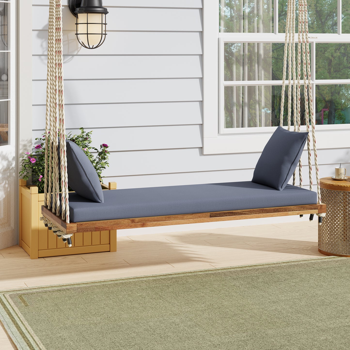 Patio Wooden Swing Chair, Hanging Porch Swing Bench with Cushion&Pillows