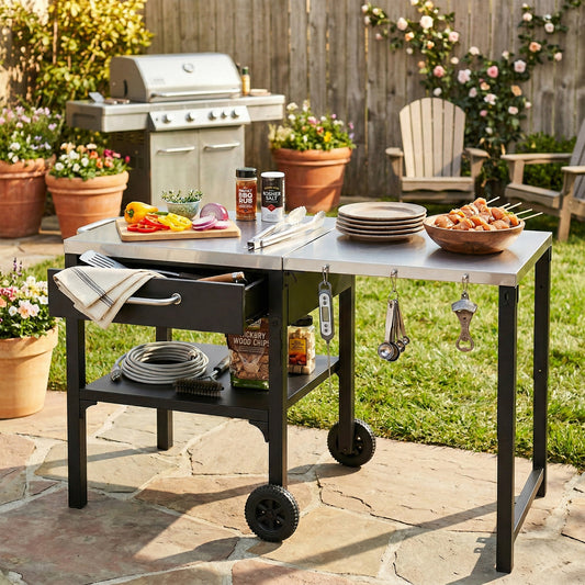 Outdoor Kitchen Cart Black, Gray with Foldable Prep Space for Patio BBQ and Outdoor Serving