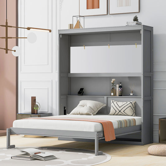 Murphy Wall Bed, Queen Size, Solid Wood and MDF with Shelves for Bedroom or Home Office