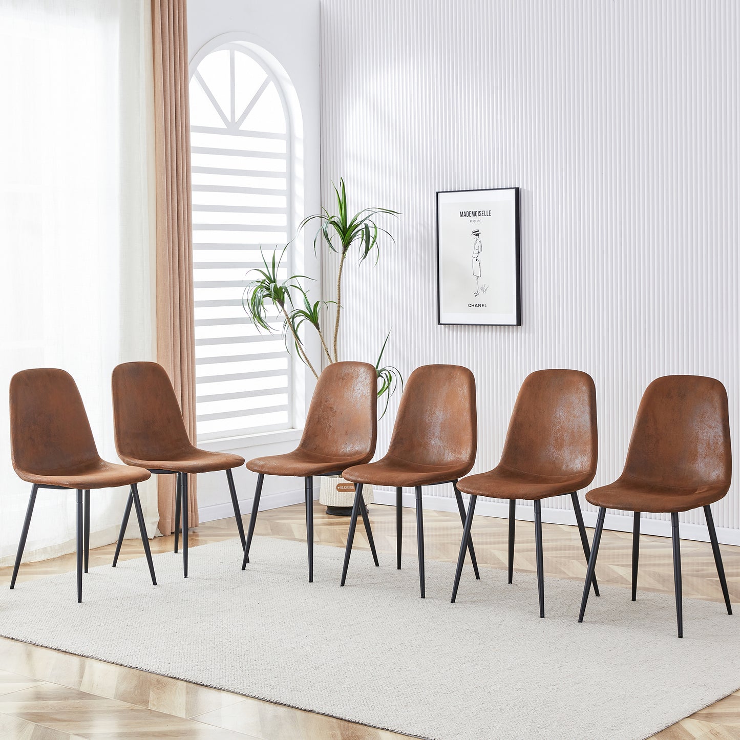 A set of 6 modern medieval style restaurant cushioned armchairs, equipped with soft suede cushions and black metal legs, suitable for kitchens, lounges, and farmhouses.W1151124301