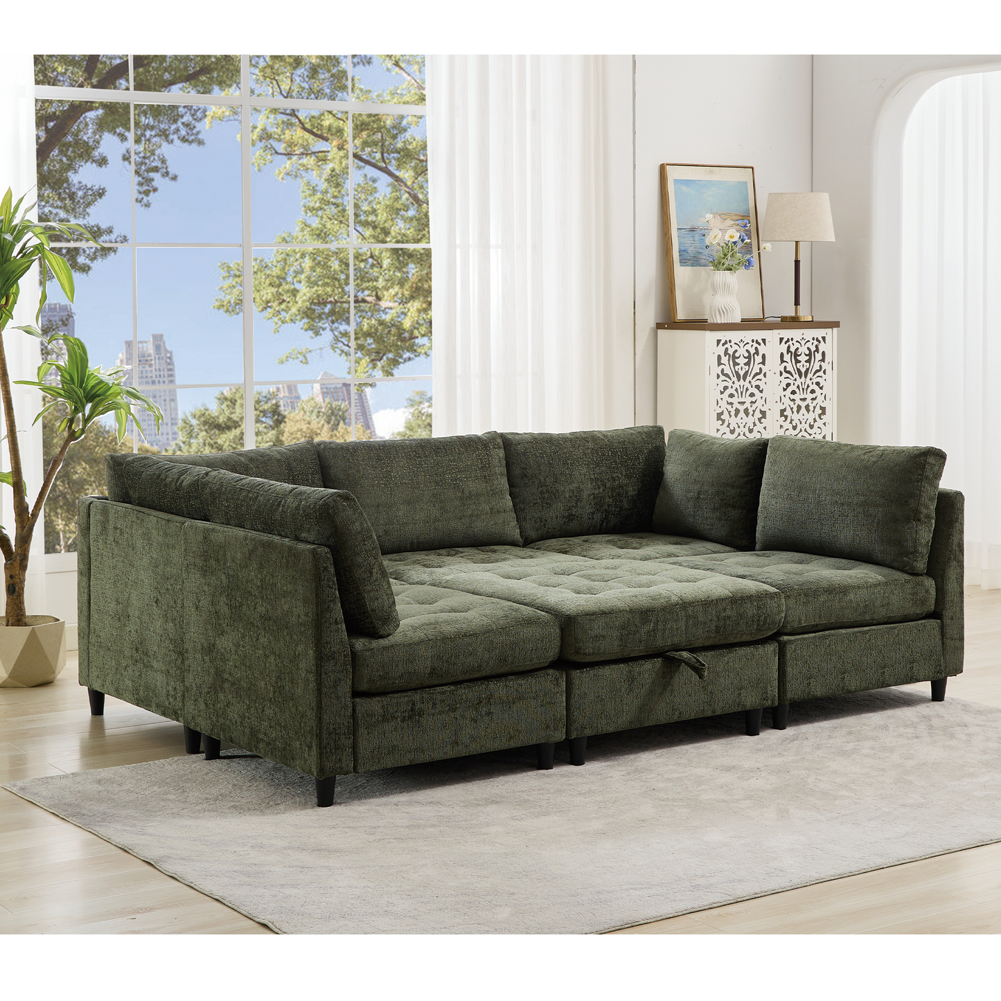 Modular Sectional Couch with Storage Ottoman, U Shaped Sofa, Storage Ottoman,Minimalist ,Convertible Modular Sofa,Chenille ,Upholstered,6 Seat,Living Room,   Green