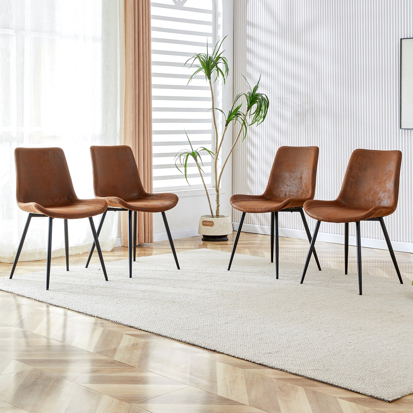 Modern Dining Chairs Set – Upholstered Chairs with Curved Widened Cushion & Black Metal Legs