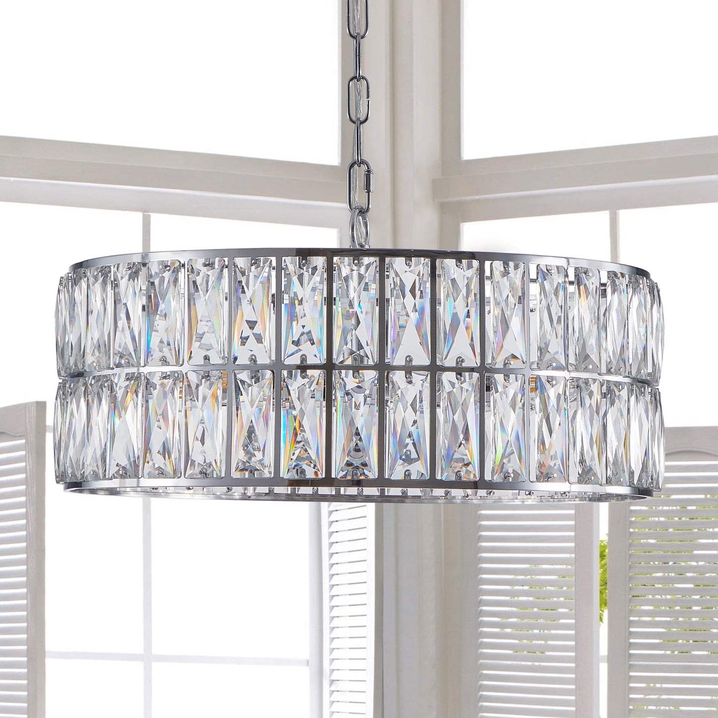 Modern Crystal Drum Chandelier, 6-Light Pendant Lighting Fixture with Metal Frame for Living Room, Dining Room, and Bedr