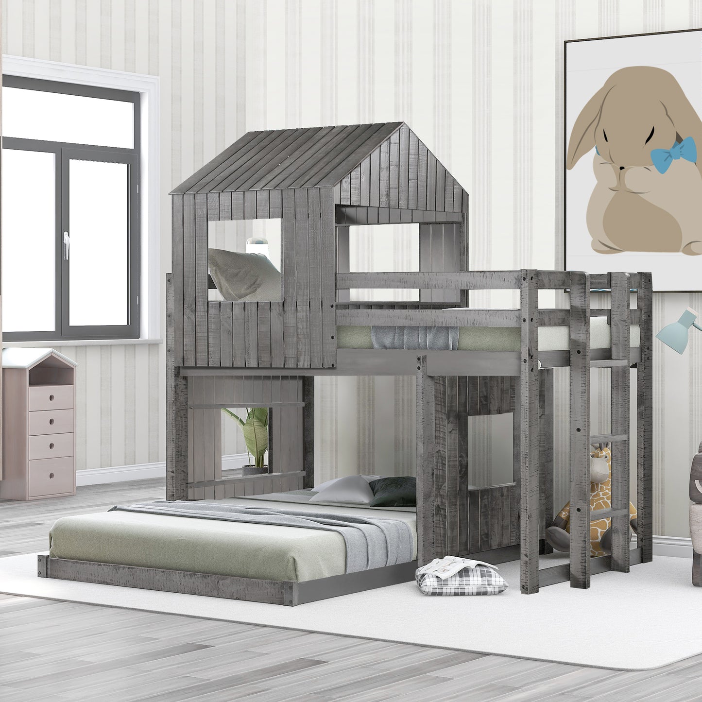 Wooden Twin Over Full Bunk Bed, Loft Bed with Playhouse, Farmhouse, Ladder and Guard