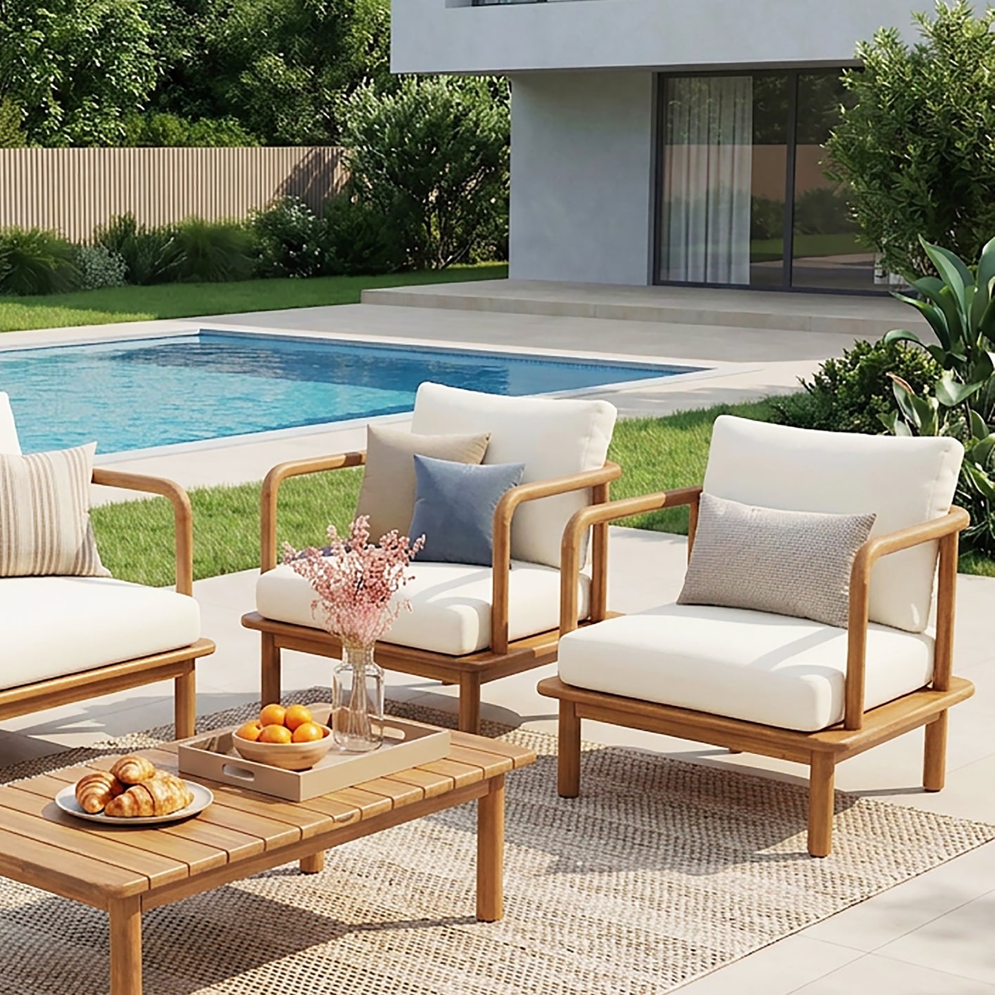 Acacia Wood Outdoor Club Chair with Cream Cushions – Modern Patio Lounge Chair for Garden & Porch Seating