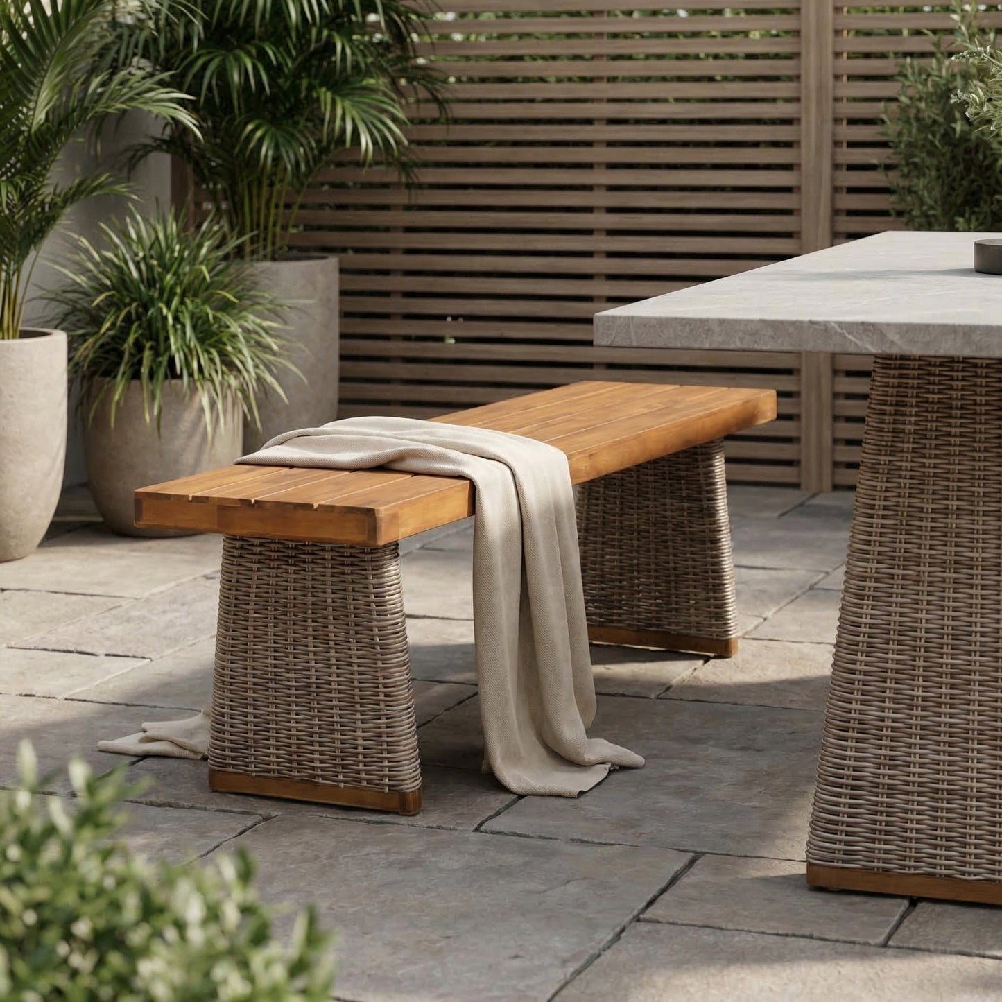 Outdoor Acacia Wood Bench with Handwoven Rattan Legs – Patio Dining Bench with Slat Panel Design