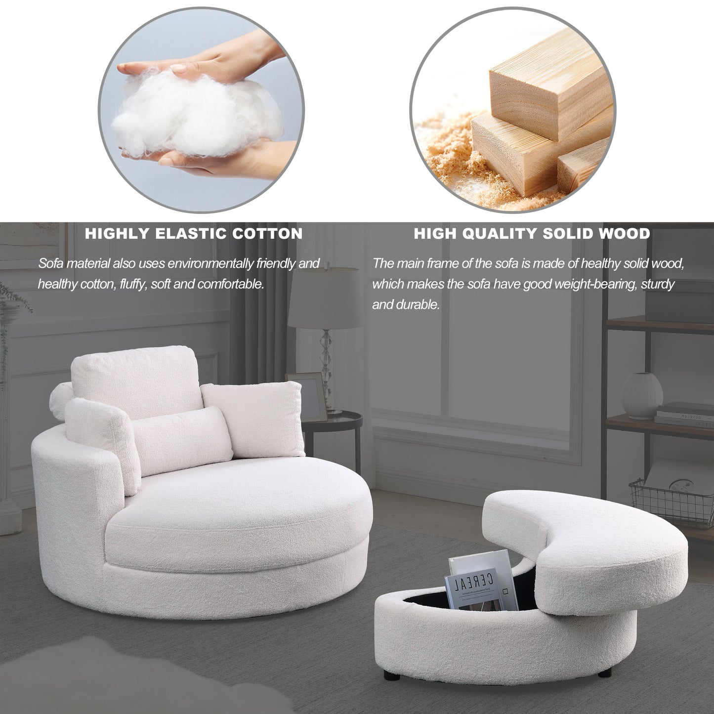 Swivel Accent Barrel Modern Sofa Lounge Club Big Round Chair with Storage Ottoman Linen Fabric for Living Room Hotel with Pillows,Teddy White (Ivory)