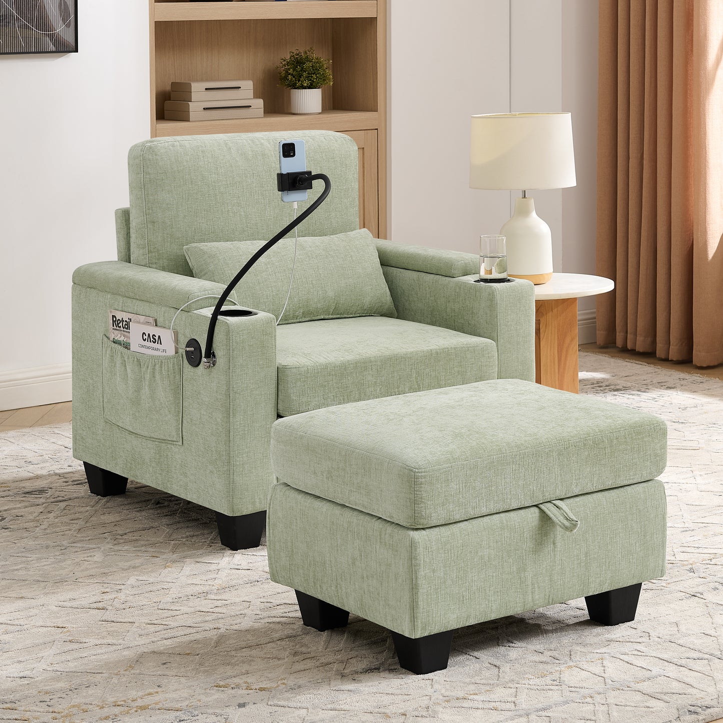 Single sofa recliner with manually adjustable backrest, USB charging port, phone stand, hidden